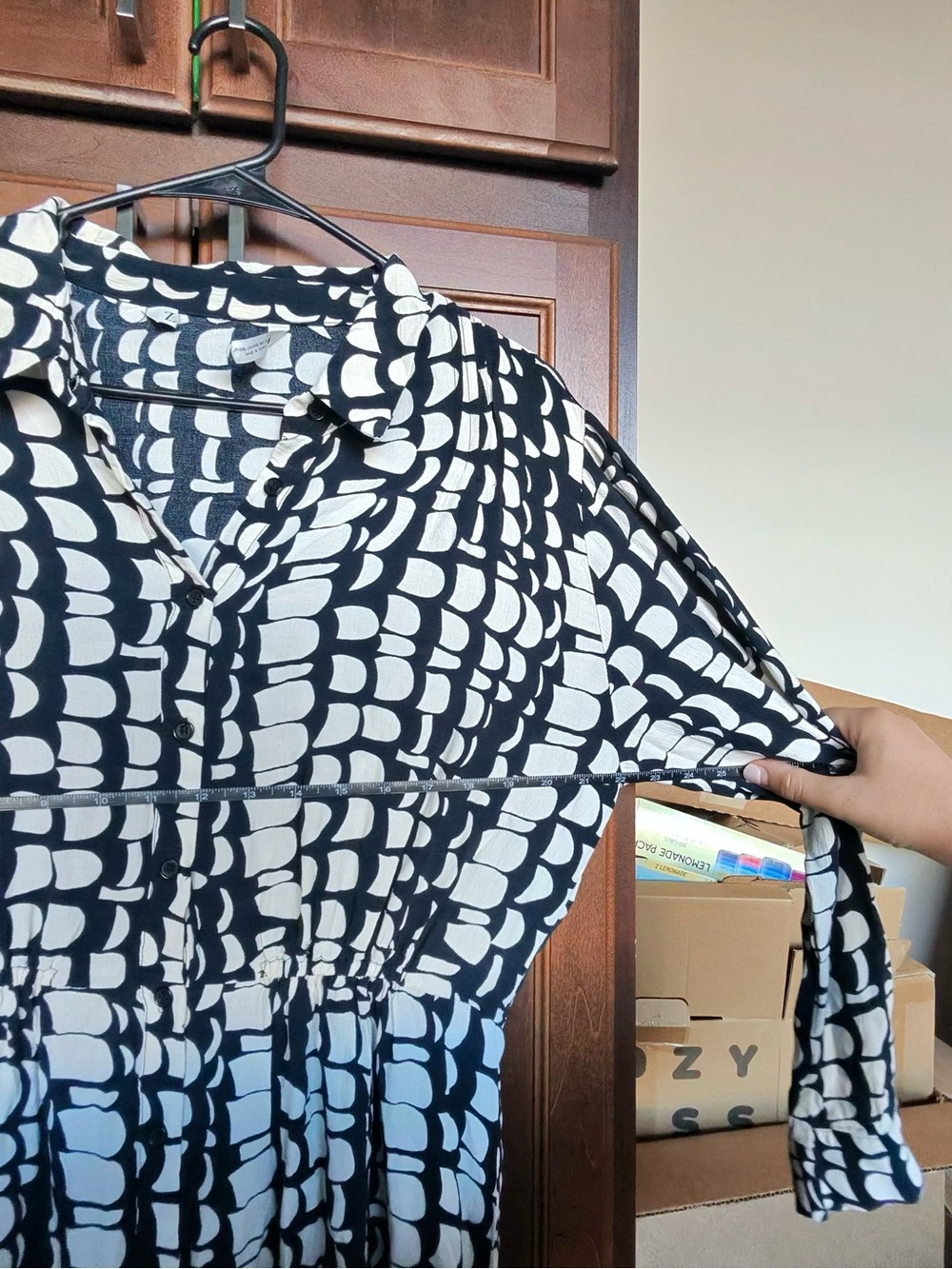 Zara Geometric Print Shirt Dress XXL Black White Abstract Mod Maxi Button Front - Picture 12 of 13